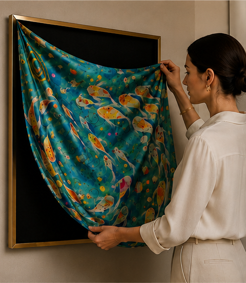 Collector carefully releasing an ArtSoie silk artwork from Veatro