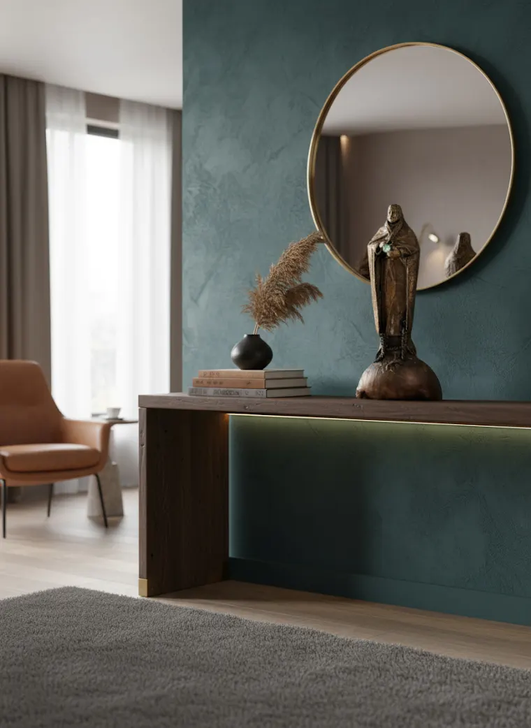 A contemporary artwork placed within the primary sightline of a living room