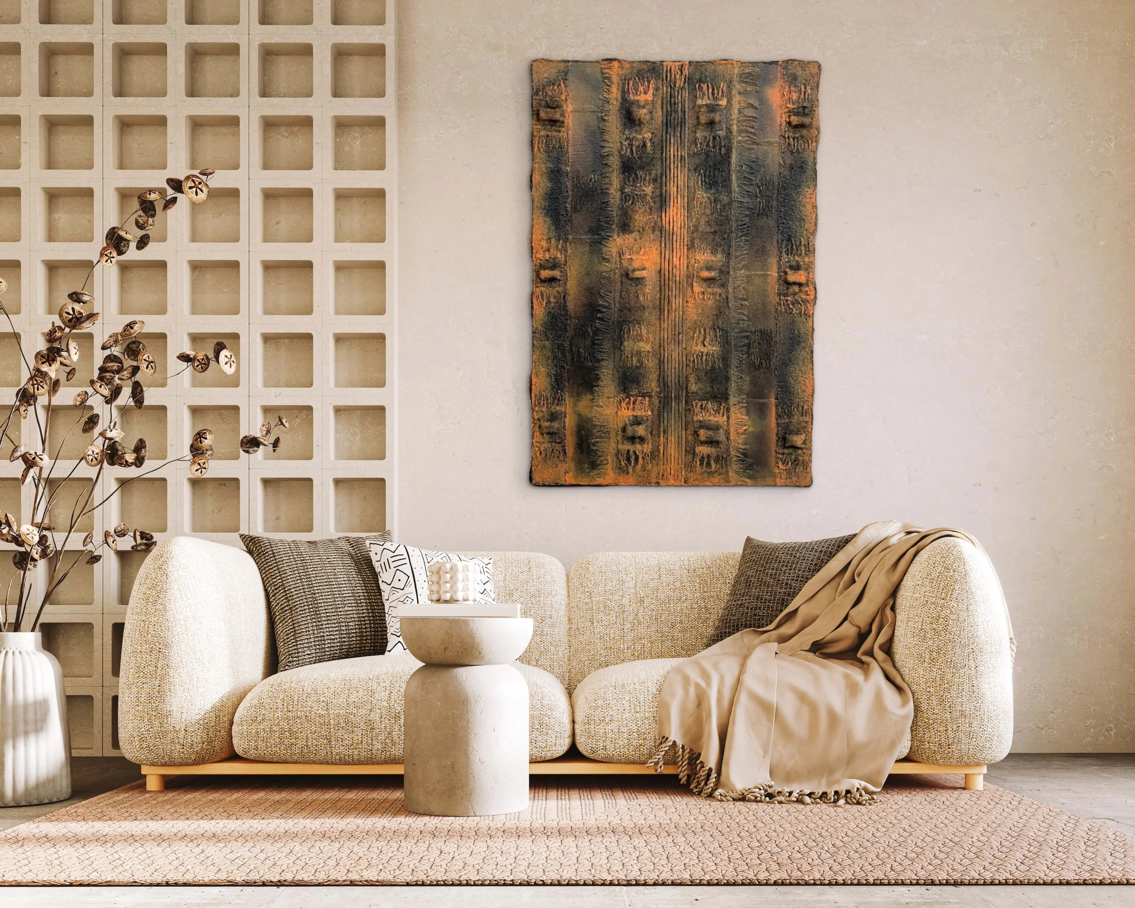 An artwork positioned to create the first visual encounter inside a home