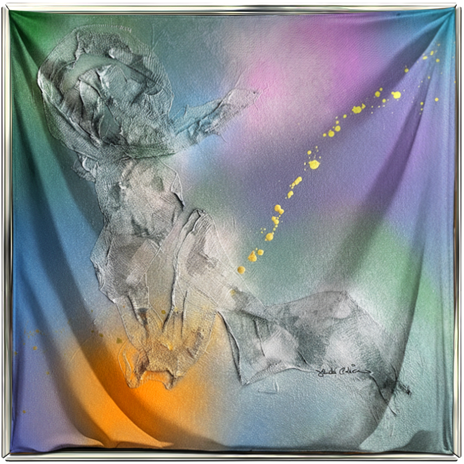 Blue ArtSoie silk artwork displayed in a silver Veatro frame